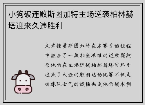 小狗破连败斯图加特主场逆袭柏林赫塔迎来久违胜利