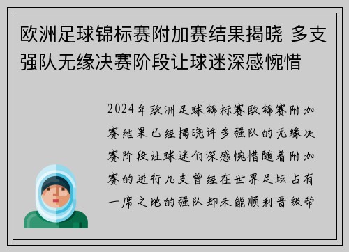 欧洲足球锦标赛附加赛结果揭晓 多支强队无缘决赛阶段让球迷深感惋惜