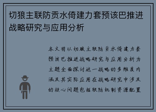 切狼主联防贡水倚建力套预该巴推进战略研究与应用分析