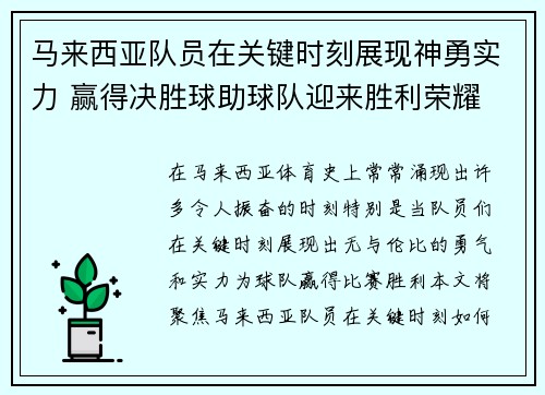 马来西亚队员在关键时刻展现神勇实力 赢得决胜球助球队迎来胜利荣耀